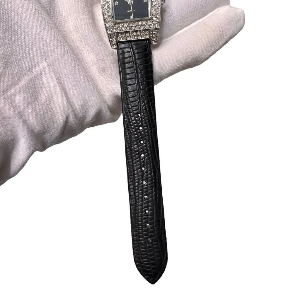 Vintage Women's Watch‎ Black Band Faux Leather Rhinestone Bezel Black Dial